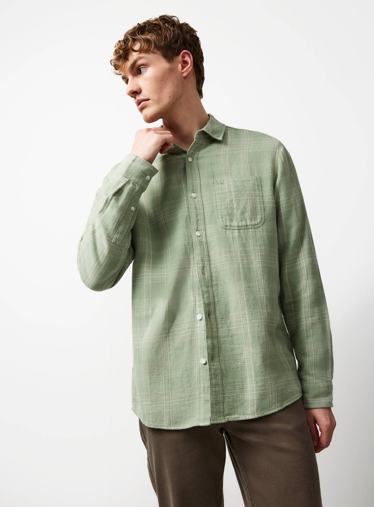 Green Checked Brushed Long Sleeve Shirt S - Image 1